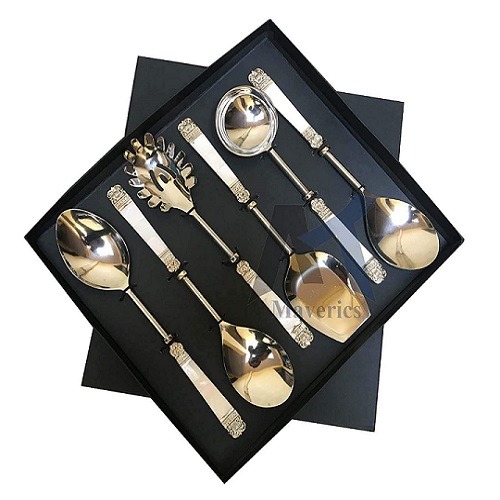 Maverics Designer Stainless Steel Serving Spoon Set of 6 Piece in Brass Mother of Pearl Design, Silver with Black Gift Box