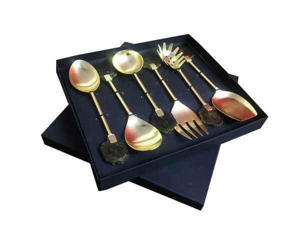 Maverics Gold Polished Classique Serves Designer Serving Spoon Set Gift Box | Flatware Cutlery Brown Raisin Coaster Handle Design | Made with Brass | Set of 6