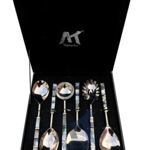 Maverics Designer Brass Seep Handle Design Serving Spoon Set of 6 Piece with Mother of Pearl in Black Gift Box