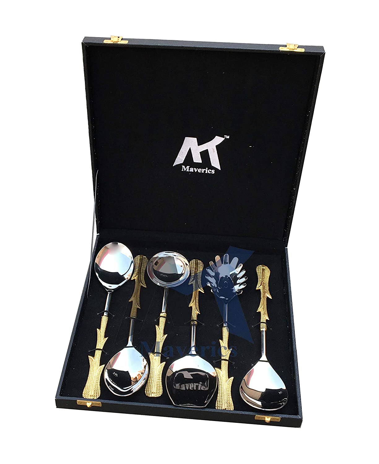 Maverics Gold Polished Classique Serves Designer Serving Spoon Set Gift Box | Flatware Cutlery with Multi Leaves Handle Design | Made with Brass | Set of 6