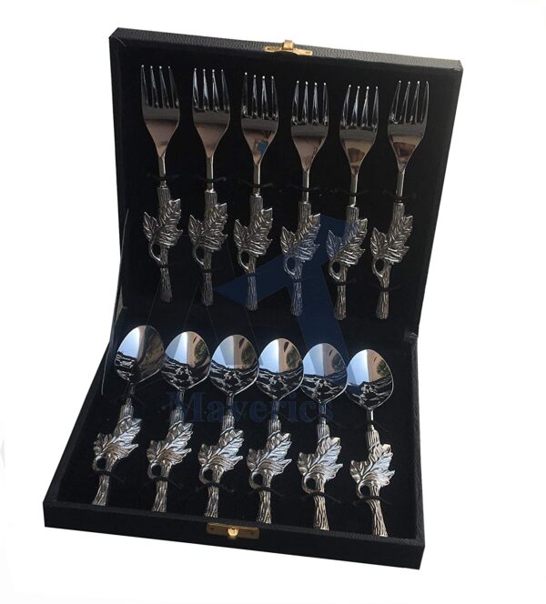 Maverics Aluminium Leaf Handle Design 6 Baby Spoon and 6 Baby Fork Set of 12 PCs Cutlery Set