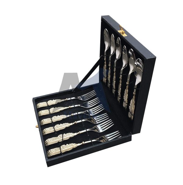 Maverics Brass Leaf Handle Design 6 Baby Spoon and 6 Baby Fork Set of 12 PCs Cutlery Set