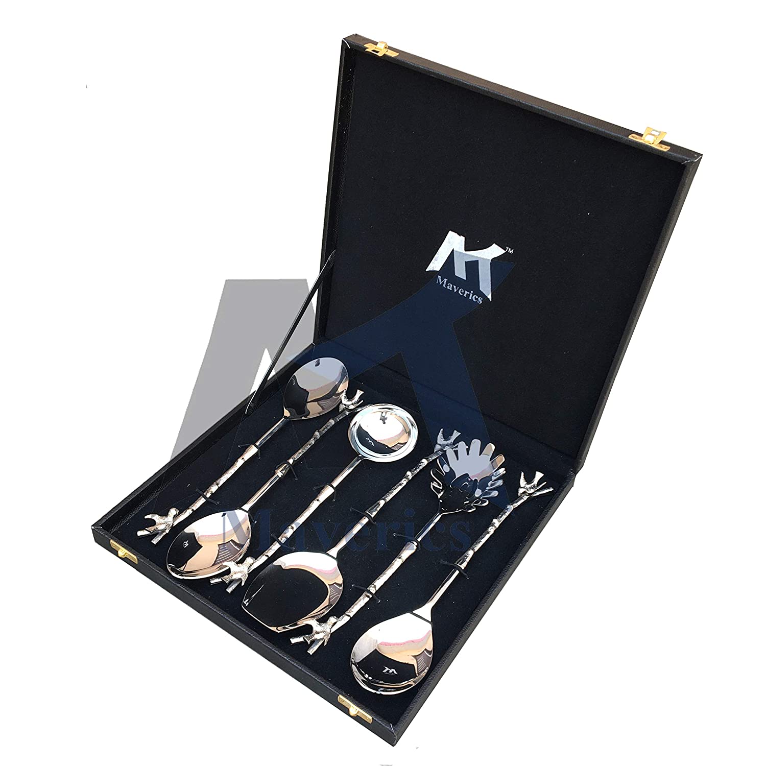 Maverics Designer Stainless Steel Serving Spoon Set of 6 Piece in Brass Bird Design, Silver with Black Gift Box