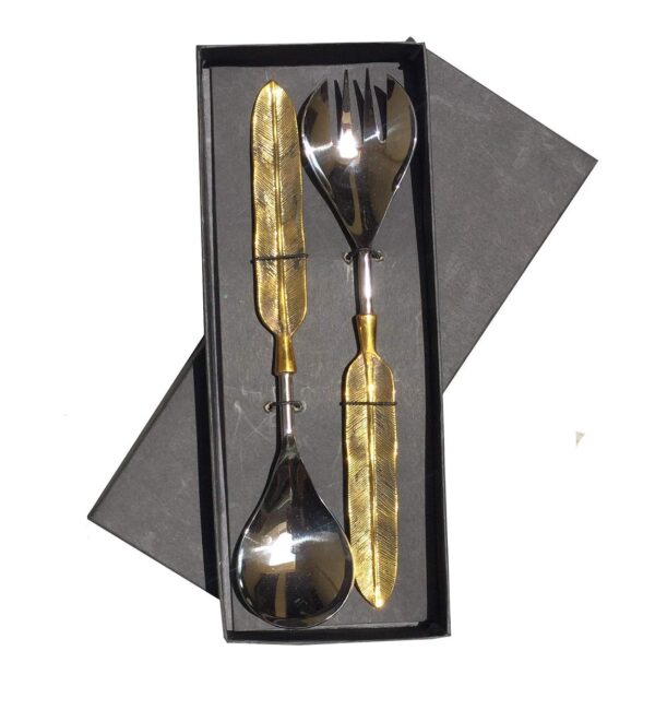 Maverics Brass Leaf Serving Spoon & Serving Fork Set of Two pcs