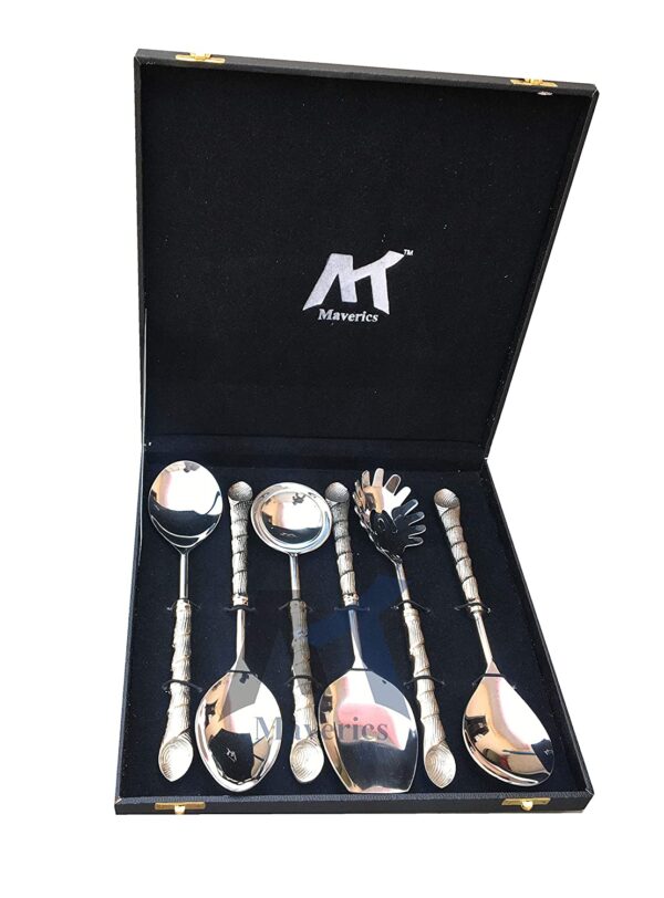 Maverics Stainless Steel Shell Design Aluminium Handle Serving Spoon Set of 6 Piece, Silver with Black Gift Box