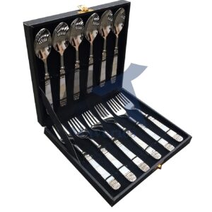 Maverics Classic Cutlery Set with Mother of Pearls & Beautiful Packing 12 Pieces, Set of 6 Dinner Spoon and 6 Baby Fork | Home Wedding & Corporate Diwali Gift