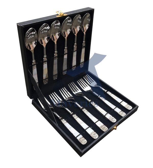 Maverics Classic Cutlery Set with Mother of Pearls & Beautiful Packing 12 Pieces, Set of 6 Dinner Spoon and 6 Baby Fork | Home Wedding & Corporate Diwali Gift
