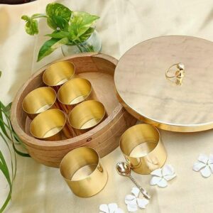 Maverics Wooden Plain Spice/Masala Mango Wood Box Set for Kitchen with Spoon (7 Detachable Stainless Steel Containers, 50-60 ml Approx.)