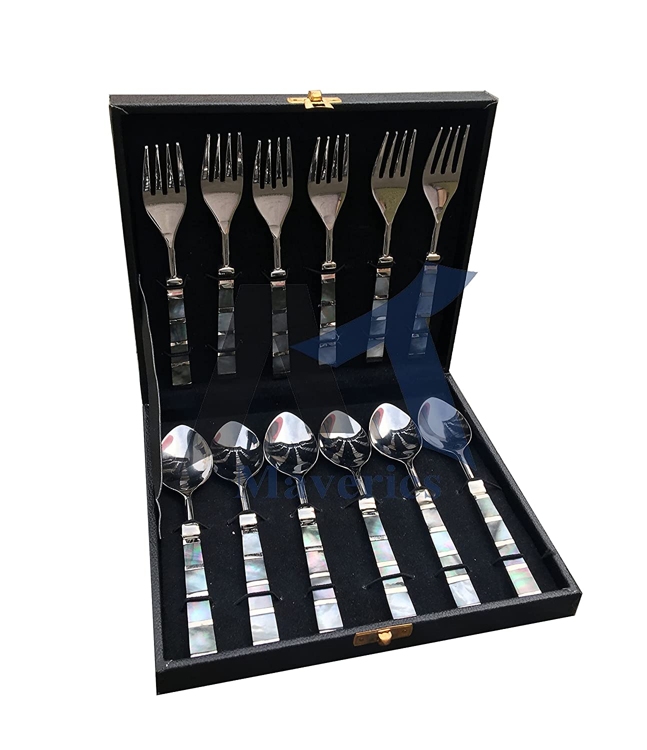 Maverics Black Mother of Pearl Single Design Stainless Steel Set of 6 Baby Spoon and 6 Baby Fork Cutlery Set