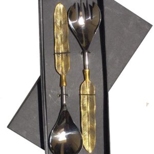Brass Leaf Set of Two Serving Baby/Medium Spoon & Fork with Leaf Handle