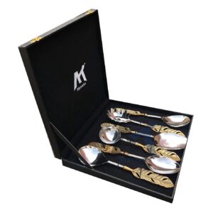 Maverics Gold Polished Classique Serves Designer Serving Spoon Set Gift Box | Flatware Cutlery Golden Feather Antique Handle Design | Made with Brass | Set of 6