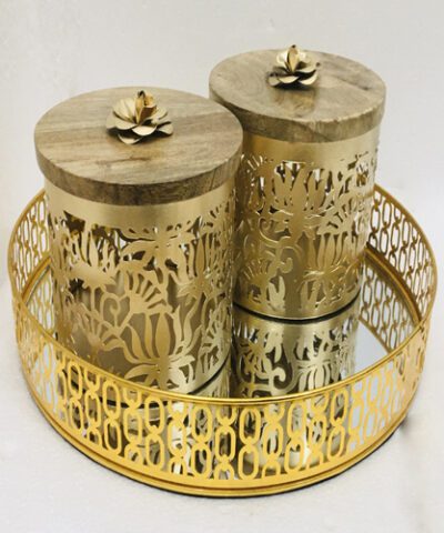 Maverics Mirror Tray with Two Wooden Lid Jar for Gifting & Hampers