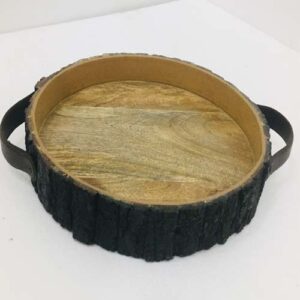 Maverics Round Wooden Tray with Leather Handle